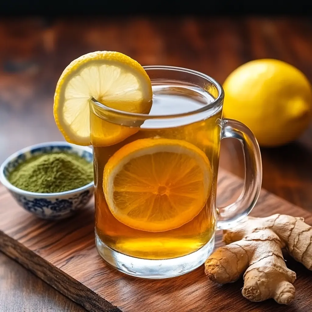 A finished Japanese Mounjaro drink served in a transparent glass mug with a slice of lemon and ginger root garnish.