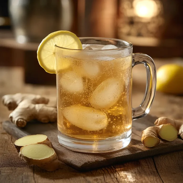 A glass of Japanese Mounjaro drink served with lemon slice and ginger garnish, placed on a wooden table, with a warm, natural setting.