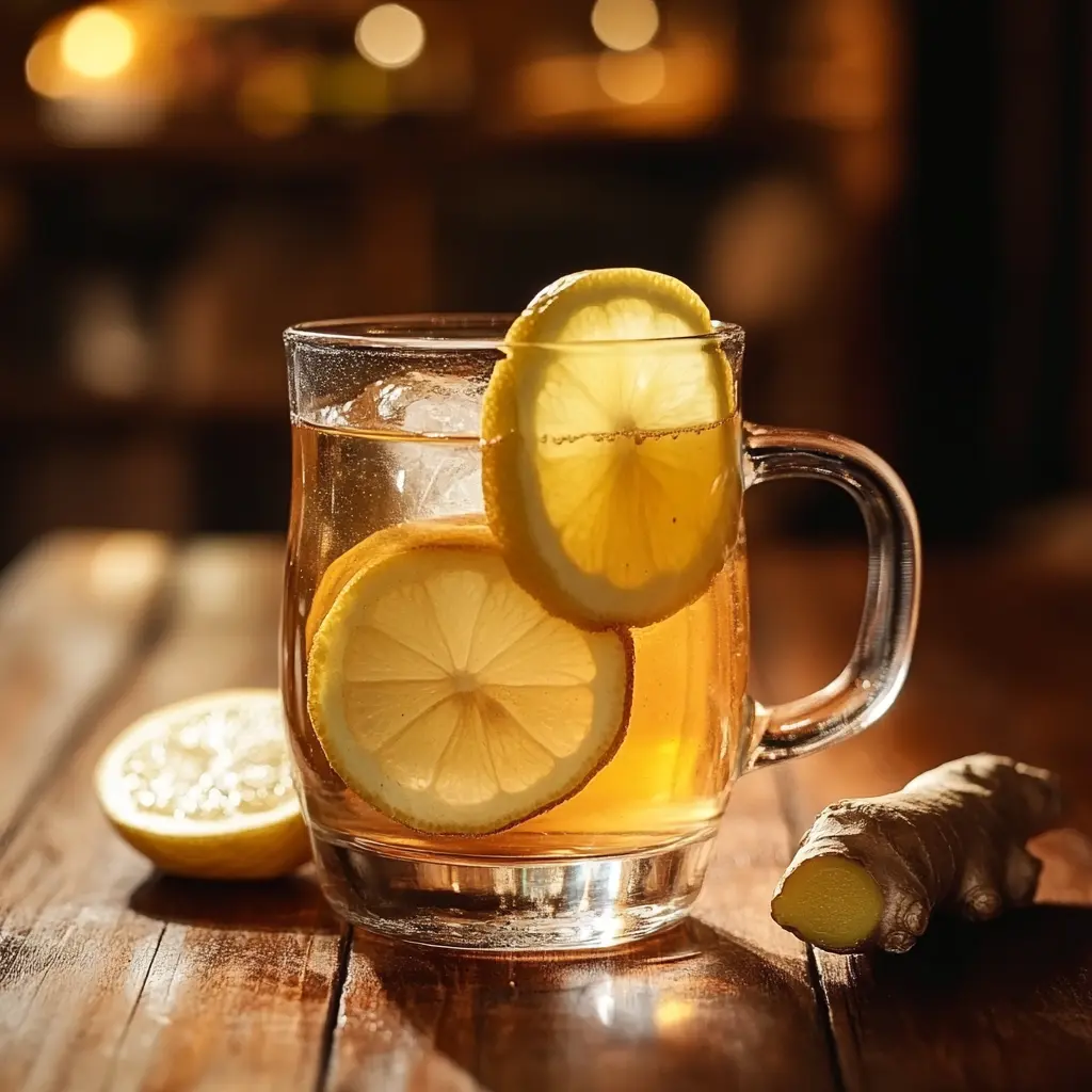 A glass of Japanese Mounjaro drink served with lemon slice and ginger garnish, placed on a wooden table, with a warm, natural setting.