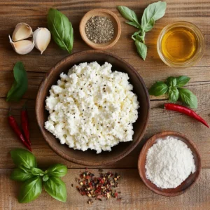 Ingredients for cottage cheese chips: thick cottage cheese, garlic powder, onion powder, dried herbs, flour, chili flakes, olive oil, and fresh herbs, arranged on a wooden surface.