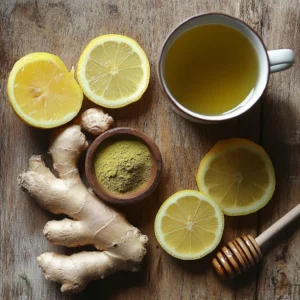Ingredients for Japanese Mounjaro drink: green tea, fresh ginger, lemon, honey, and a cup of hot water arranged on a wooden surface.
