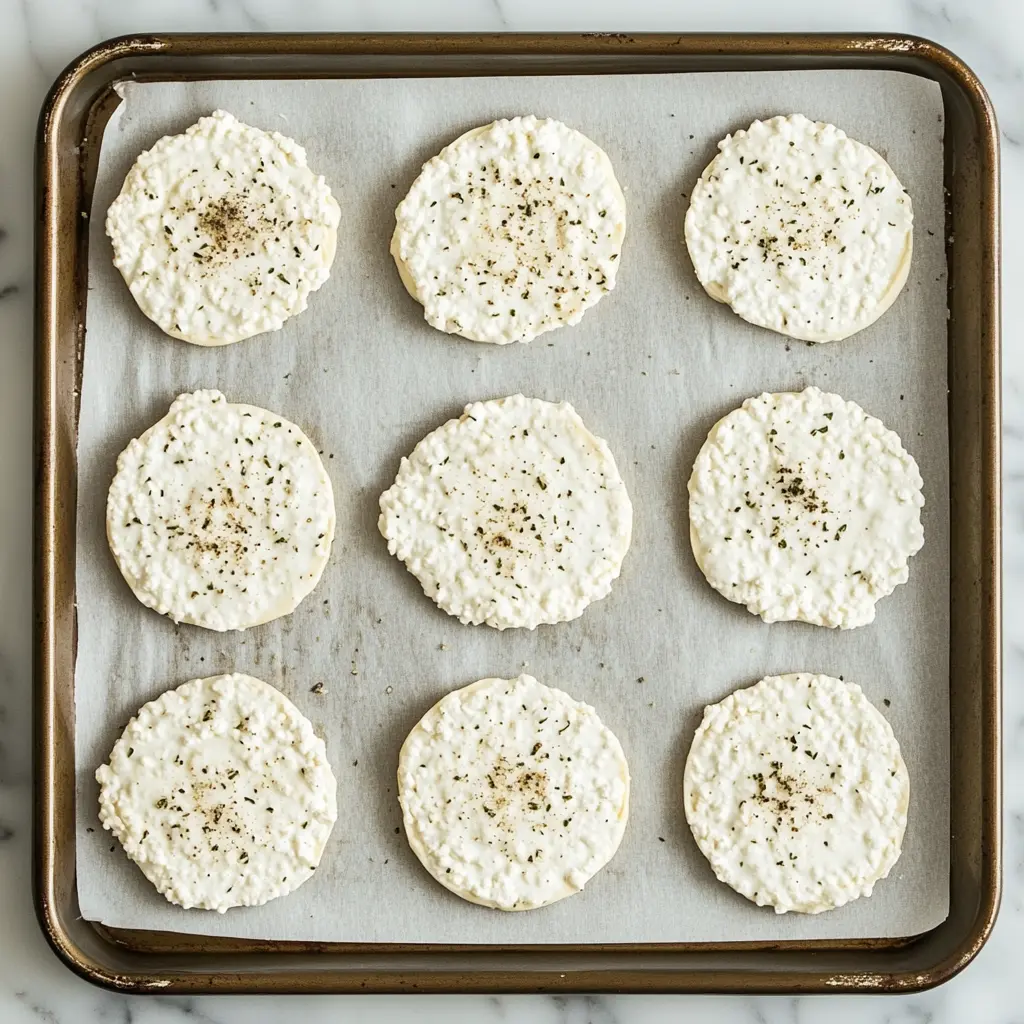 The step-by-step process of making cottage cheese chips: mixing ingredients, shaping chips on a baking sheet, and baking them to crispy perfection.
