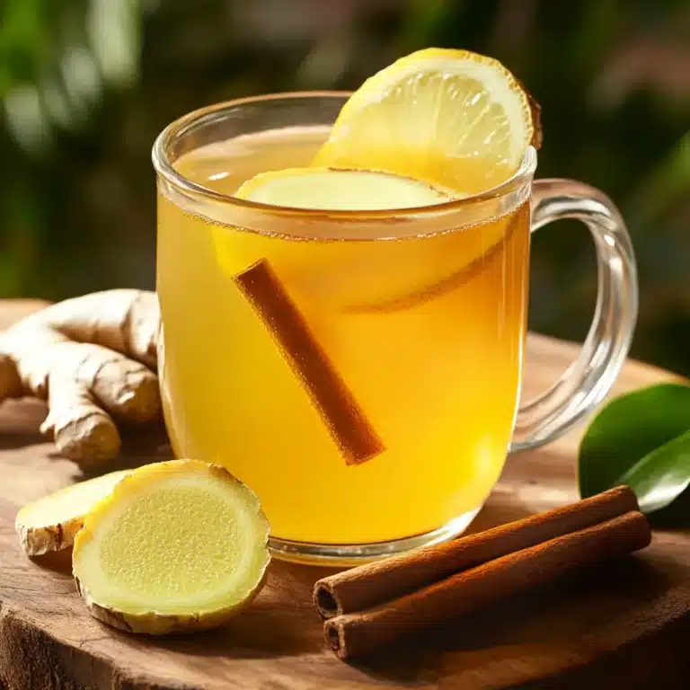Costa Rican Tea for Weight Loss served in a clear mug with ginger, turmeric, and lemon slices, garnished with a cinnamon stick.
