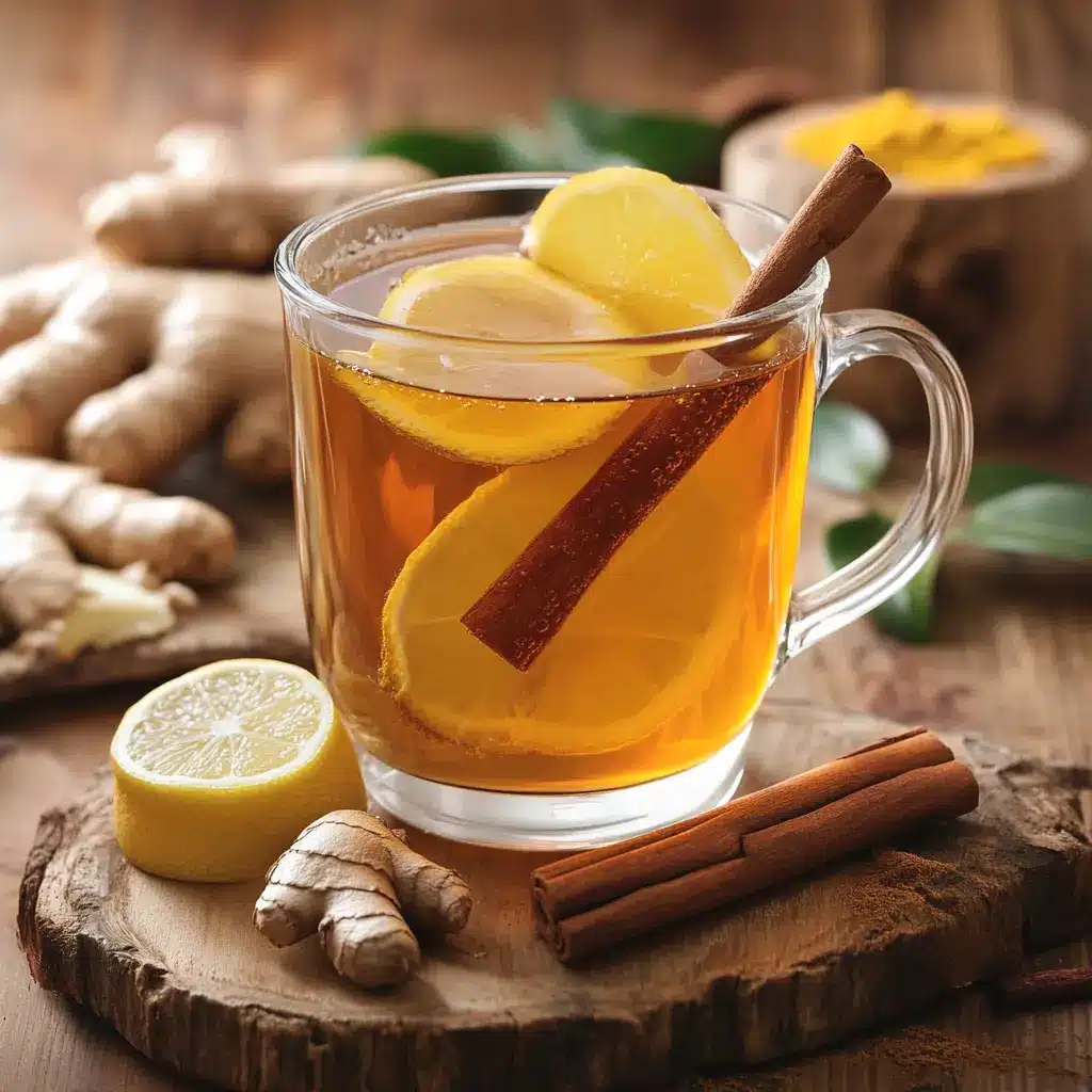Costa Rican Tea for Weight Loss served in a clear mug with ginger, turmeric, and lemon slices, garnished with a cinnamon stick.