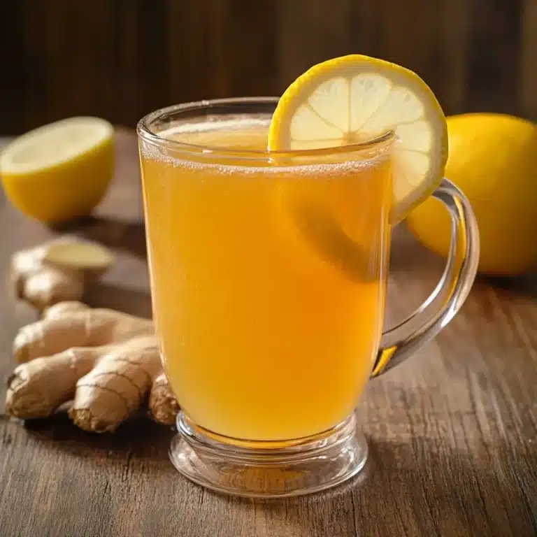 Natural Zepbound Recipe served in a clear glass with lemon and ginger garnish, showing warm amber color.