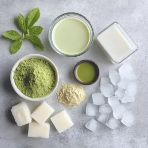 Ingredients for Iced Matcha Latte – Matcha, Milk, Ice