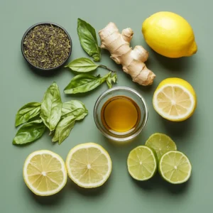 Ingredients for Japanese Mounjaro Detox Drink – Green Tea, Ginger, Lemon, Lime