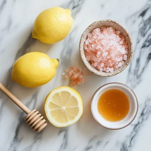 Ingredients for Pink Salt Trick Drink – Himalayan Salt, Lemon, Honey