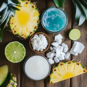 Ingredients for Blue Hawaiian Mocktail: Pineapple juice, coconut cream, non-alcoholic blue curacao, lime, and pineapple slices.
