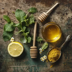 Ingredients for Cortisol Cocktail including chamomile, lemon, honey, and ashwagandha