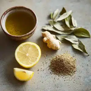 Ingredients of Brazilian Mounjaro Recipe: yerba mate, lemon, ginger, apple cider vinegar, cayenne pepper, and honey.