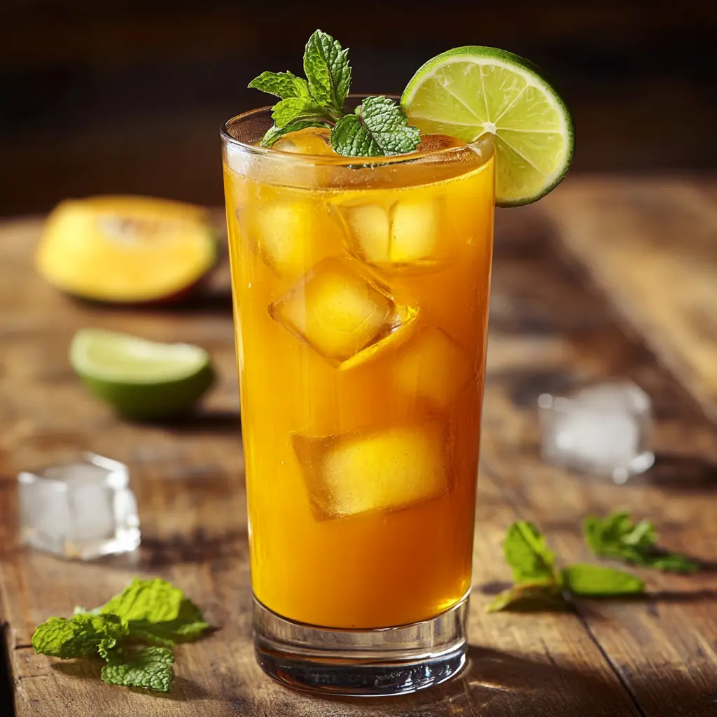 A tall glass of mango iced tea garnished with a slice of lime and mint leaves, served on a wooden surface with ice cubes