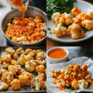 Step-by-step process of making buffalo cauliflower, from mixing the batter to drizzling sauce and serving.