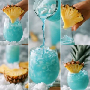 Step-by-step process of making Blue Hawaiian Mocktail: Mixing ingredients in a glass.