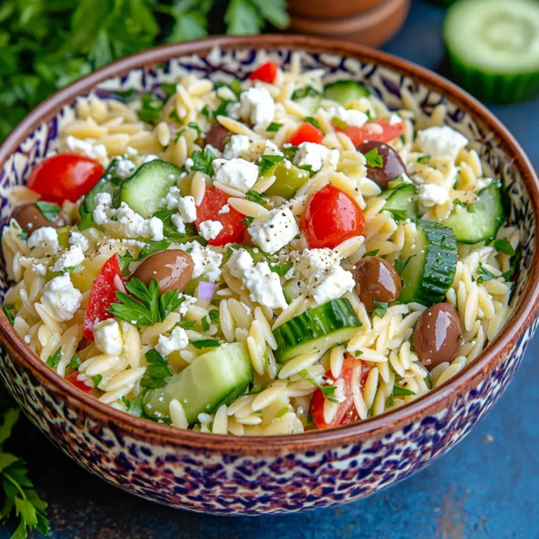 Final Greek Orzo Salad with feta, olives, cucumbers, and dressing