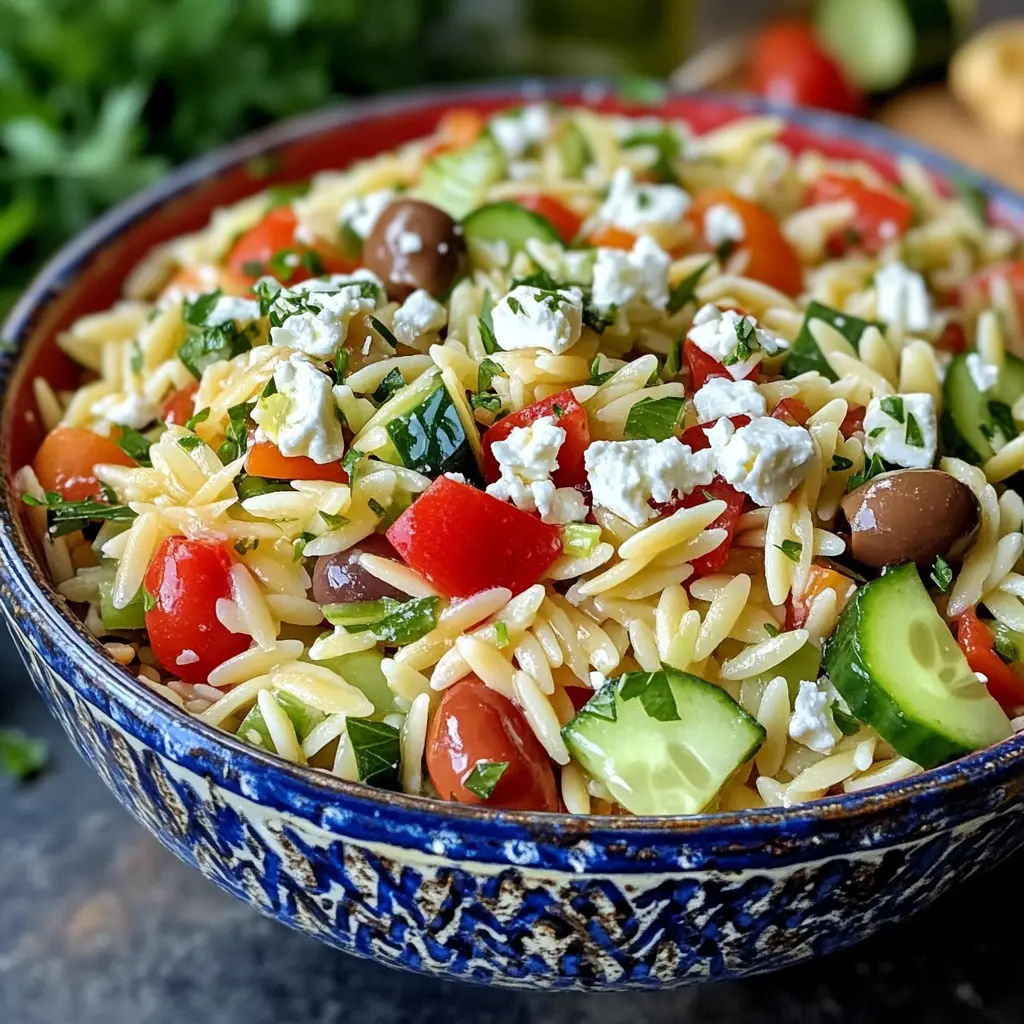 Final Greek Orzo Salad with feta, olives, cucumbers, and dressing