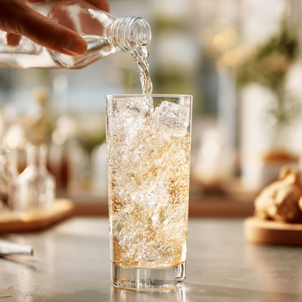 Pouring ginger ale into a glass for Shirley Temple drink
