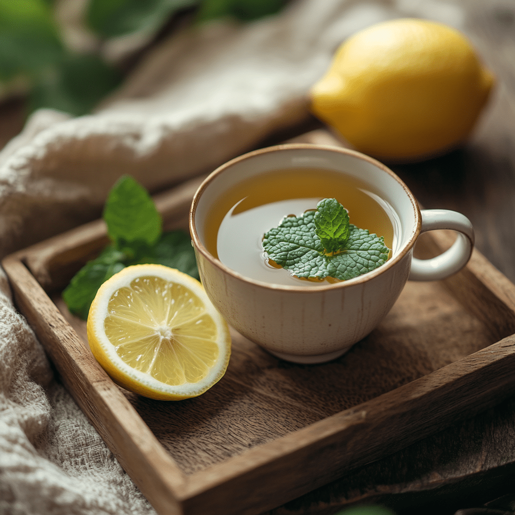 A calming cup of lemon balm tea served with a lemon slice, perfect for weight loss.