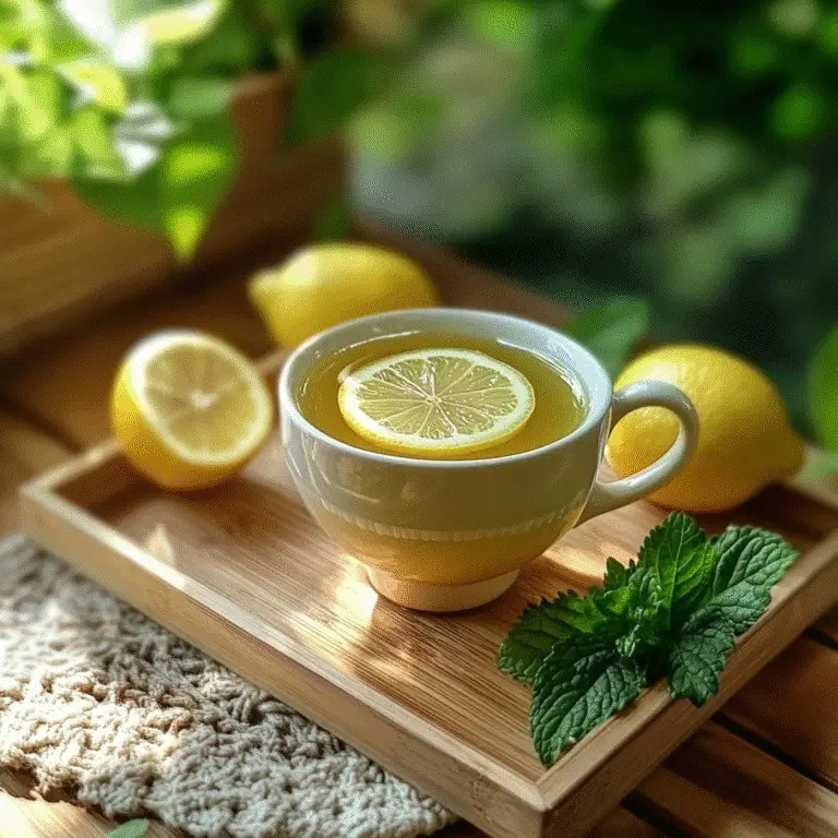A peaceful serving of lemon balm tea with a slice of lemon, mint, and a cozy background.