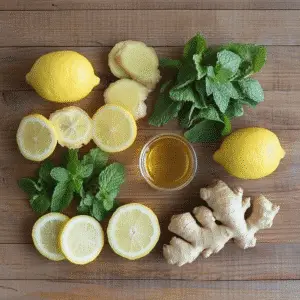 Ingredients for lemon balm tea: fresh lemon balm leaves, ginger, honey, mint, and lemon slices.