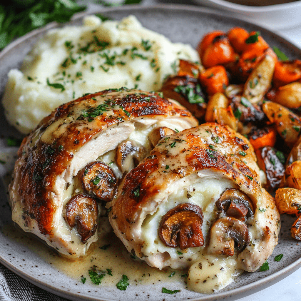 Served Cheesy Garlic Butter Mushroom Stuffed Chicken with mashed potatoes, roasted vegetables, and garlic butter sauce.