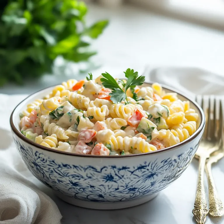 A fresh and inviting bowl of creamy pasta salad, ready to be served.