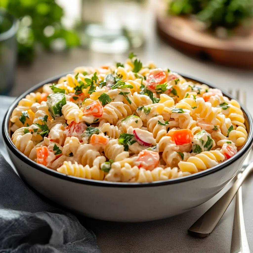 A fresh and inviting bowl of creamy pasta salad, ready to be served.