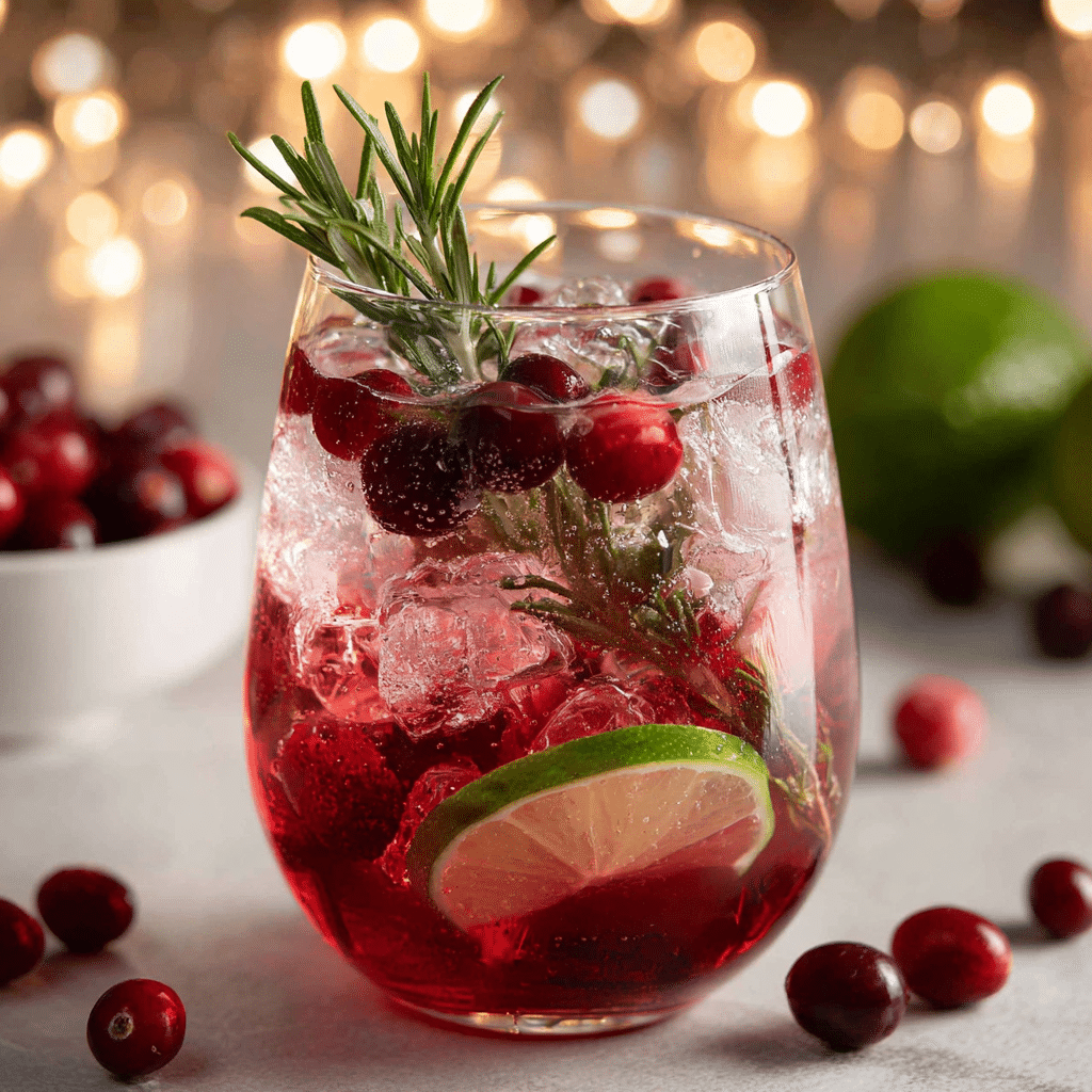 Serving cranberry mocktail spritzer with rosemary and festive garnishes