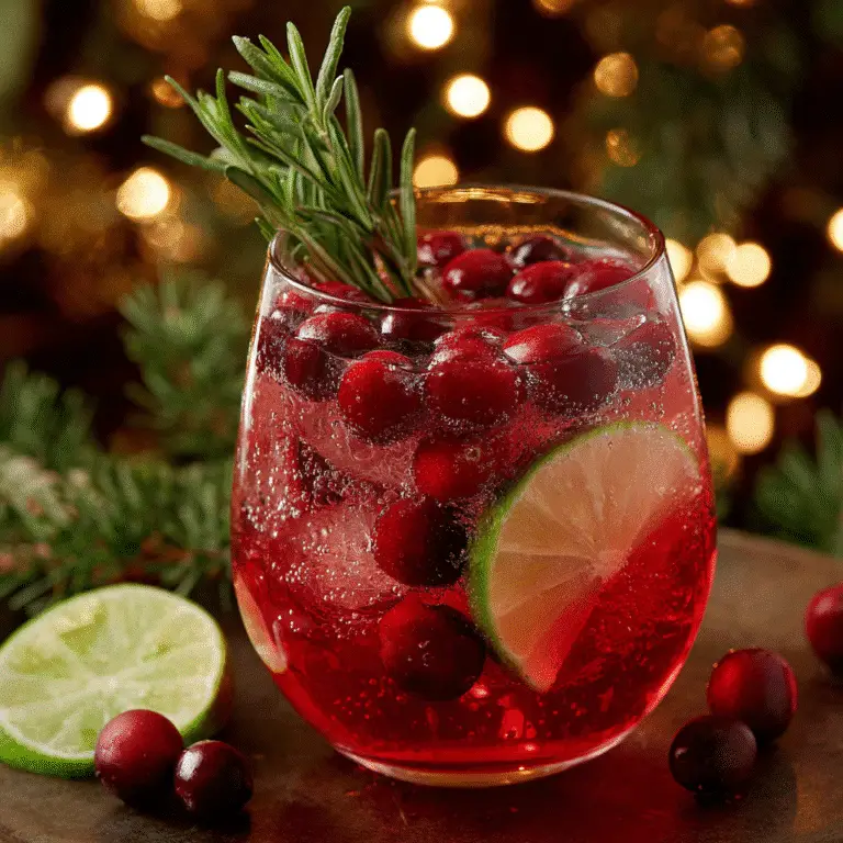 Serving cranberry mocktail spritzer with rosemary and festive garnishes