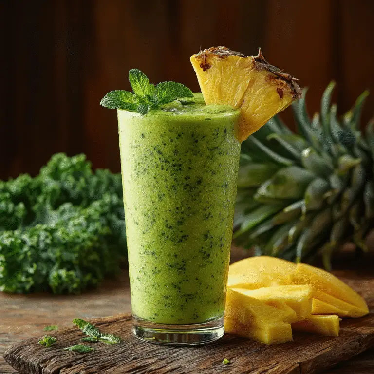 Served Detox Island Green Smoothie with pineapple garnish