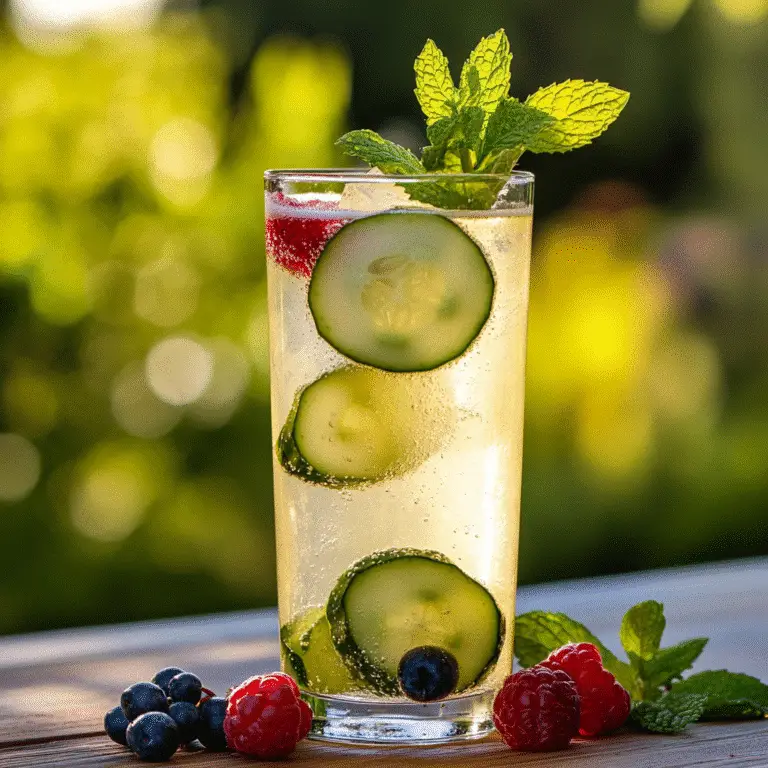 Lemon-lime fizz mocktail served with cucumber, mint, and berries