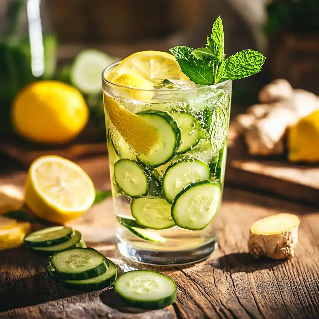 A refreshing glass of lemon ginger cucumber water with garnish.