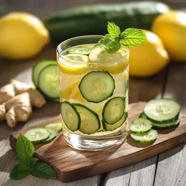 A refreshing glass of lemon ginger cucumber water with garnish.