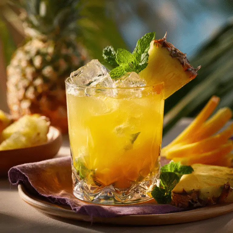 Summer Drink with Two Tropical Fruits Mango pineapple summer drink served in a tall glass with ice and garnished with mint and pineapple slice