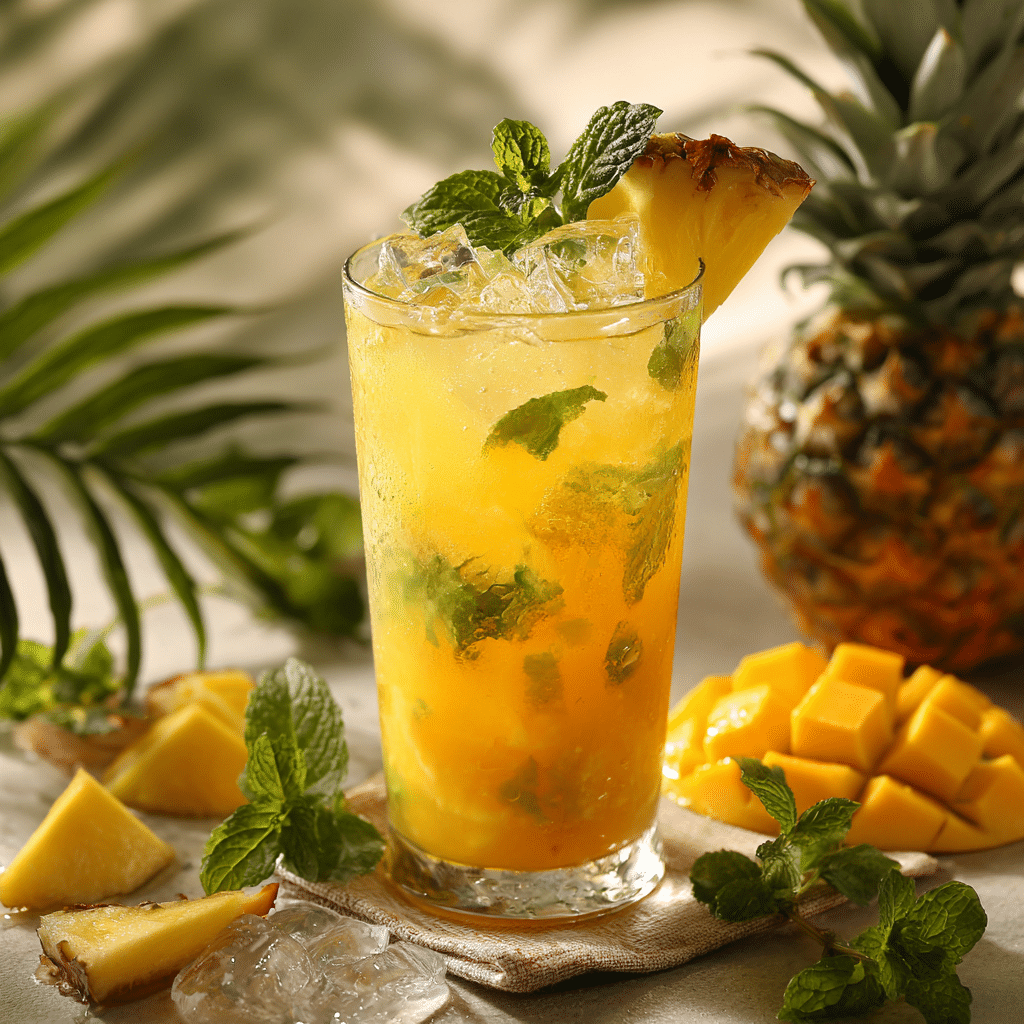 Mango pineapple summer drink served in a tall glass with ice and garnished with mint and pineapple slice