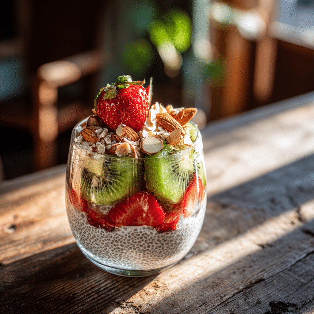 Chia seed pudding served with fruits and almonds