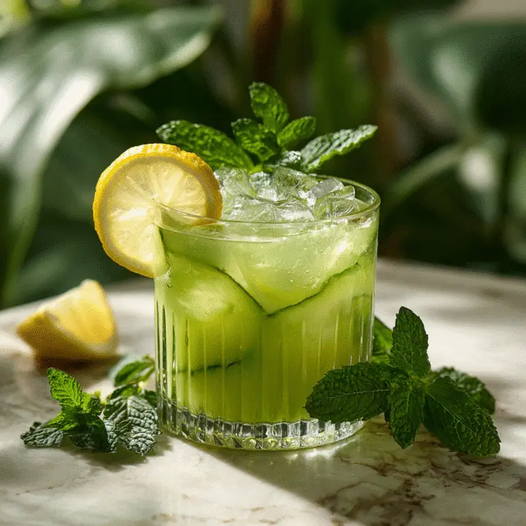 Served Cucumber Drinks, lemon, and mint in a glass with ice cubes