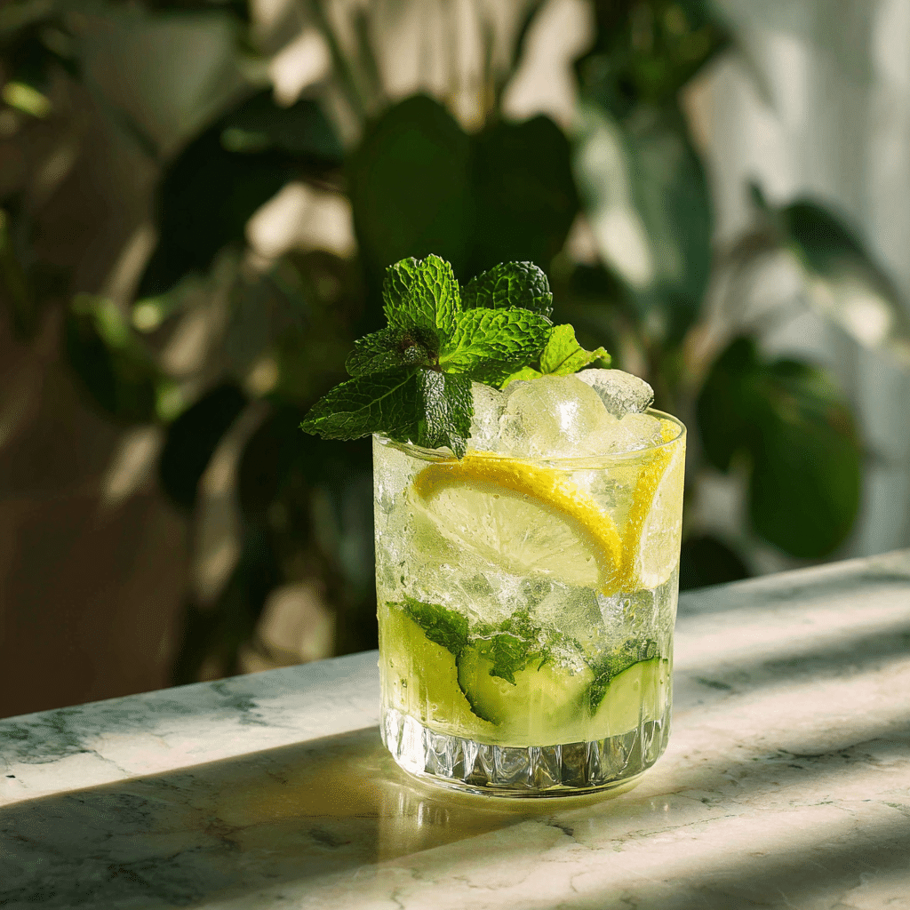 Served cucumber, lemon, and mint drink in a glass with ice cubes