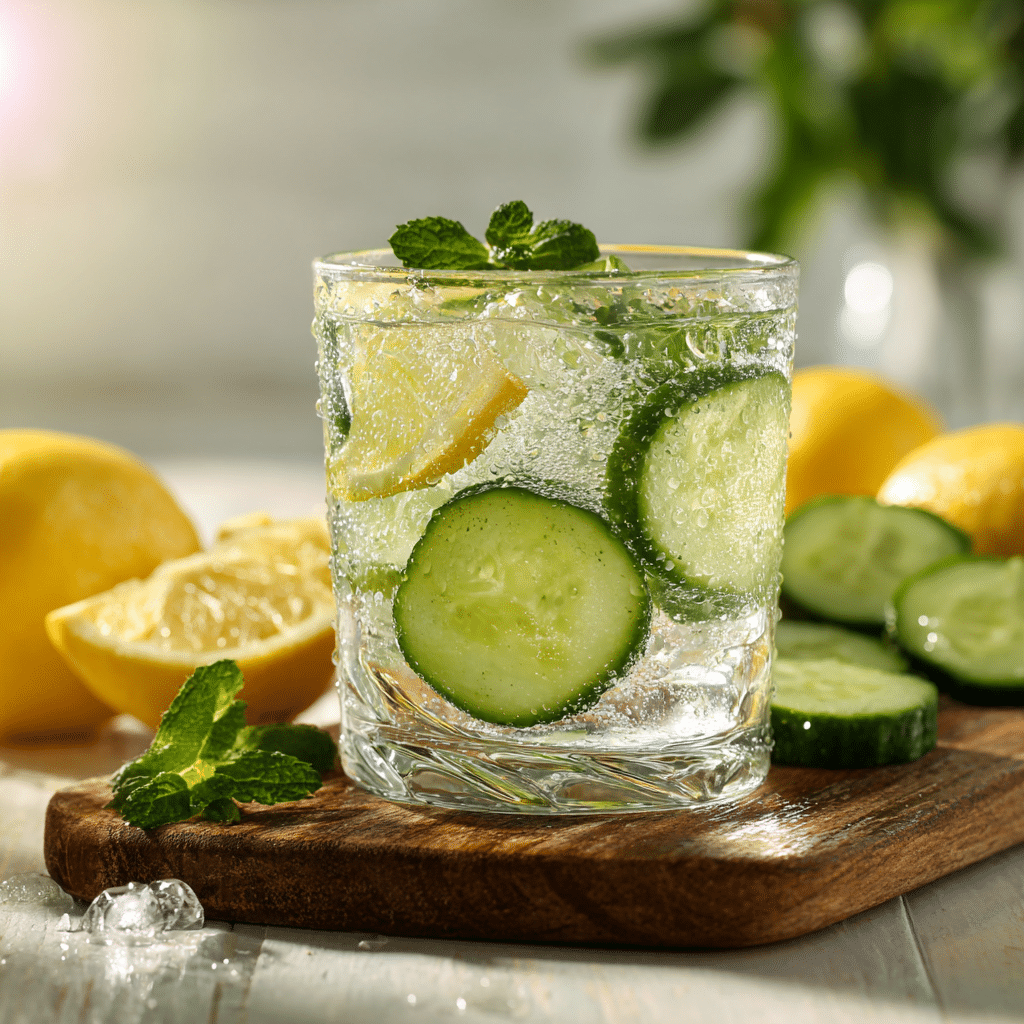 Served ice-cold water with lemon, cucumber, and mint for weight loss