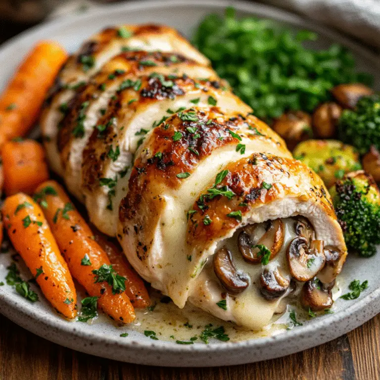 Featured image of Cheesy Garlic Butter Mushroom Stuffed Chicken, golden brown with melted cheese and roasted vegetables.