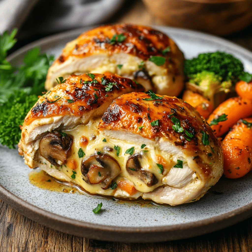 Featured image of Cheesy Garlic Butter Mushroom Stuffed Chicken, golden brown with melted cheese and roasted vegetables.