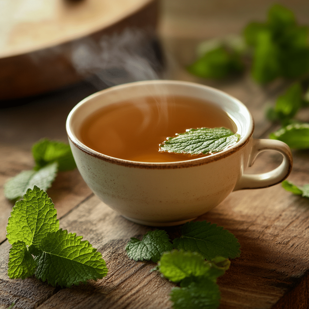 Lemon balm tea for weight loss with fresh lemon balm leaves and steam rising from the cup