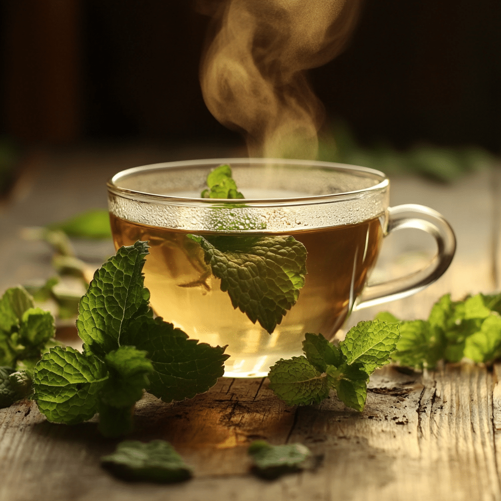 Lemon balm tea for weight loss, featuring fresh lemon balm leaves and steam rising from the cup.