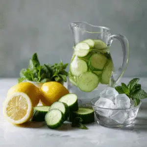 Ingredients for Cucumber Drinks lemon mint including cucumber, lemon, mint leaves, and cold water