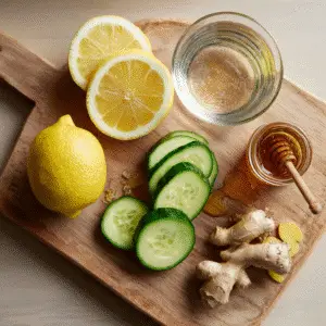Ingredients for Does Japanese Mounjaro Work drink: lemon, cucumber, ginger, and honey for weight loss