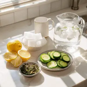 Ingredients for ice hack recipe including ice cubes, lemon, cucumber, and green tea