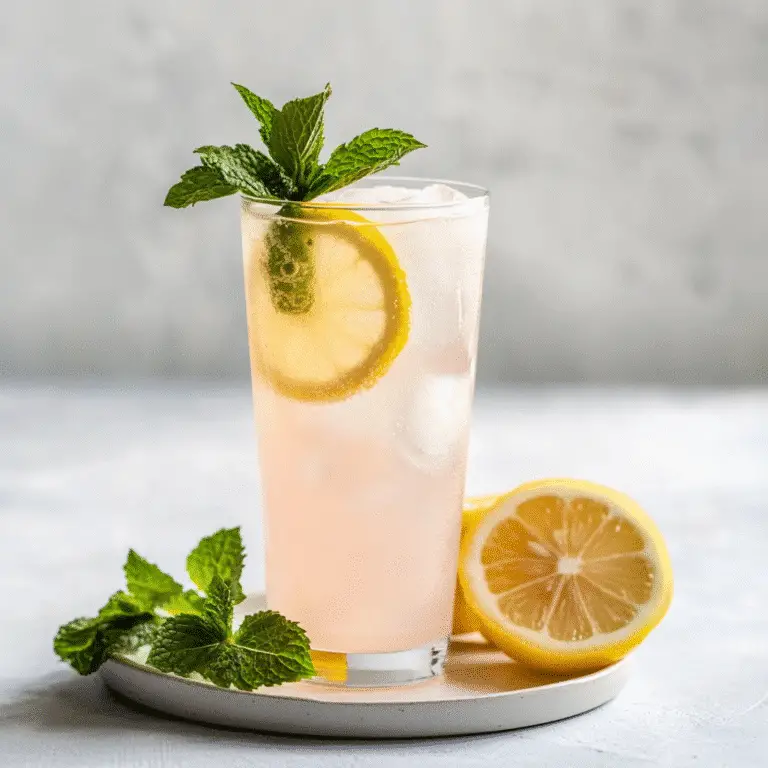A glass of Pink Salt Weight Loss Recipe with lemon and fresh mint on the side.