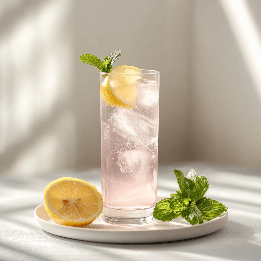 A glass of Pink Salt Weight Loss Recipe with lemon and fresh mint on the side.