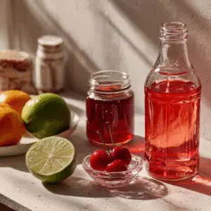 Ingredients for Shirley Temple drink: ginger ale, grenadine syrup, maraschino cherry, lime
