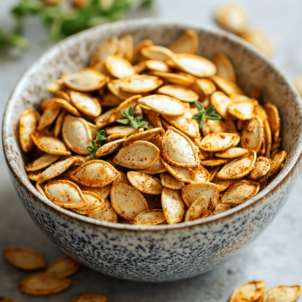 Roasted pumpkin seeds served in a bowl as a healthy snack.